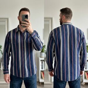 Wrangler Mens 17-35 Button Down Shirt Blue Red Striped‎ Western X-Long Tails